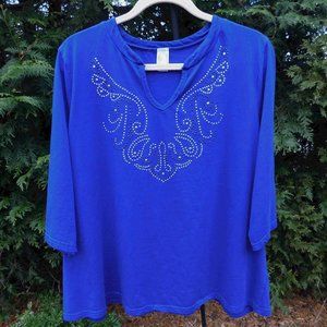 VIP 37 Ltd Plus-Size Cobalt Blue Split V-Neck with Tiny Rhinestone Details